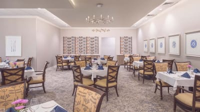 Elegant dining room setup with neatly arranged tables