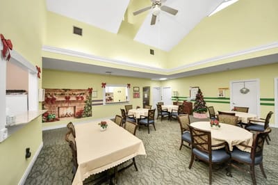 Bright dining room with holiday decorations