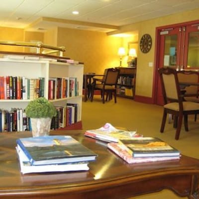 Cozy library area with books and seating
