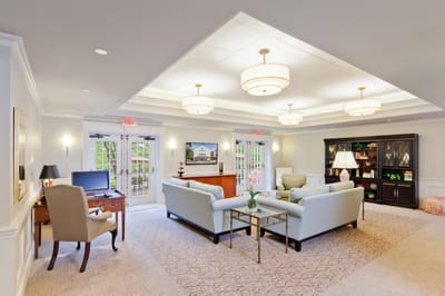 Bright common area with seating and décor