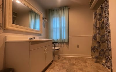 Interior bathroom with a mirror and shower curtain