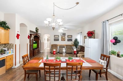 Interior view of a dining area with festive decor