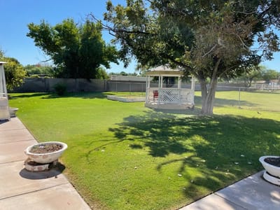 Well-maintained green outdoor space with gazebo and trees