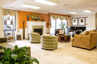 Cozy common area with seating and fireplace