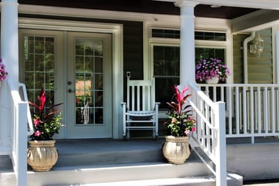 Entrance to a memory care home with plants