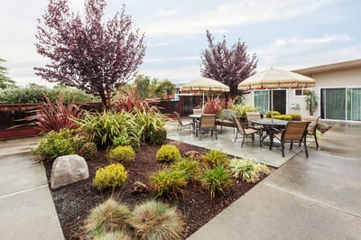 Outdoor garden area with seating and landscaping