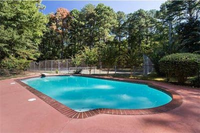 Swimming pool surrounded by trees in an outdoor space