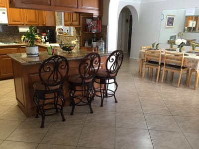 Interior view of a kitchen with seating