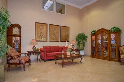 Interior of a common area with seating and decor
