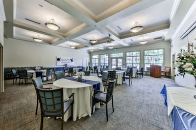 Interior view of a dining room setup for an event