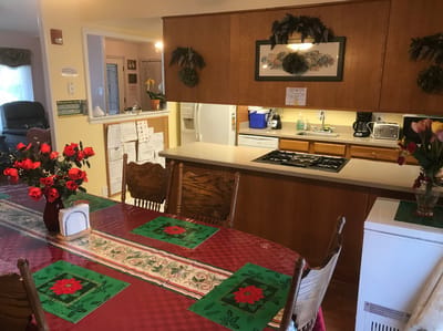 Interior view of a dining area with festive decor