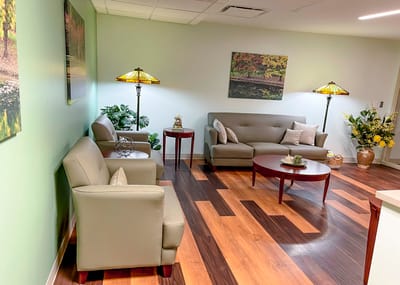 Comfortable seating area in a serene interior lounge