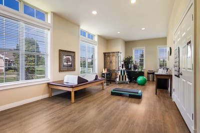 Bright therapy room with large windows and equipment