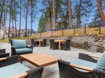 Outdoor seating area surrounded by trees