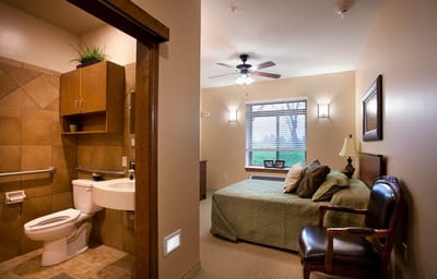Private resident room with a bathroom in a nursing home