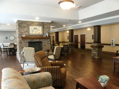 Bright interior common area with seating