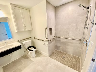 Accessible bathroom with grab bars and walk-in shower