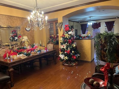Festively decorated common area with Christmas decorations