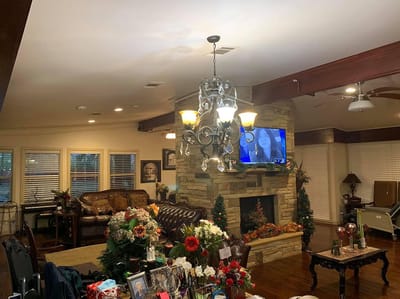 Interior view of a cozy common area with decorations