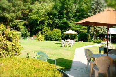 Outdoor seating area with tables and umbrellas