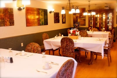 Dining area with neatly arranged tables