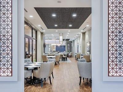 Interior dining area with modern decor and seating