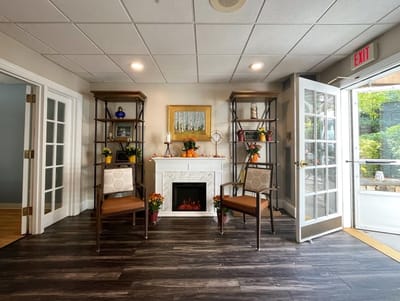Cozy common area with seating and decorative elements