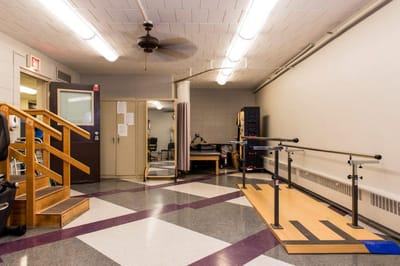 Interior view of a rehabilitation space with equipment