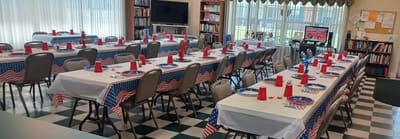 Decorated dining area ready for an event