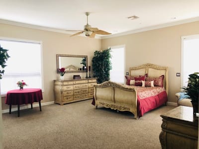 A well-decorated private resident room with a large bed