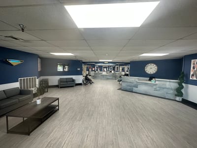 Interior view of a common area with seating