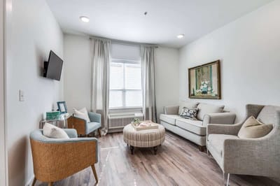 Cozy living room area in a senior care facility