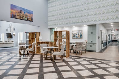 Bright and spacious common area with seating
