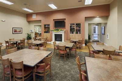 Bright dining area with tables and a fireplace