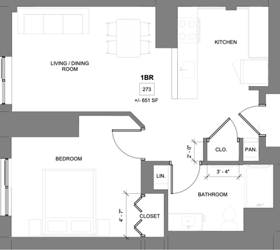 Architectural floor plan of a one-bedroom unit