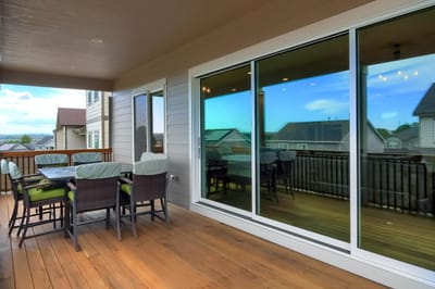 Outdoor dining area with seating and a view