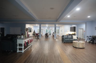 Interior view of a common area with festive decorations