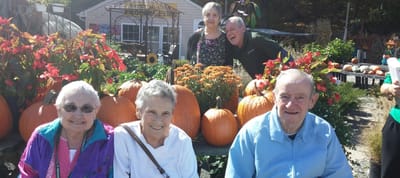 Residents enjoying time outdoors among pumpkins and flowers