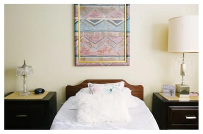 Cozy bedroom with a decorative painting and lamp