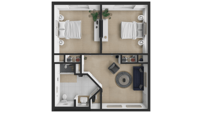 Architectural floor plan of a shared living unit layout