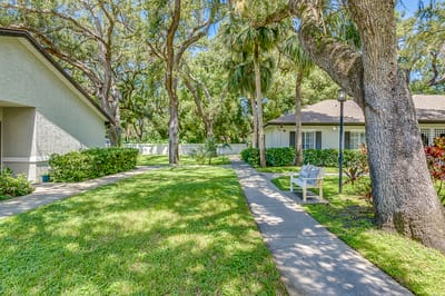 Well-maintained outdoor space with benches and walking paths
