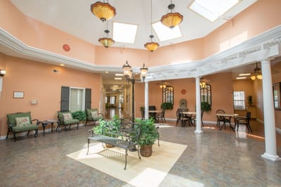 Bright interior common area with seating and decor