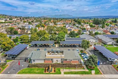 Aerial view of Riverside Memory Care with solar panels