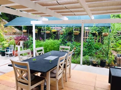 Outdoor dining area with a garden view