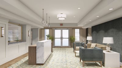 Bright reception area with modern decor and seating
