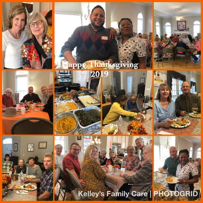 Residents enjoying a Thanksgiving meal together in a festive setting