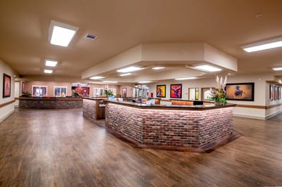 Interior view of a welcoming common area with artwork
