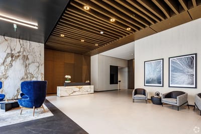 Modern lobby interior with stylish seating and decor