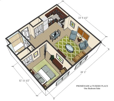 Architectural floor plan of a one-bedroom suite