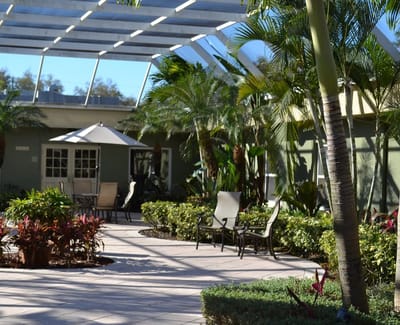 Outdoor patio area with greenery and seating